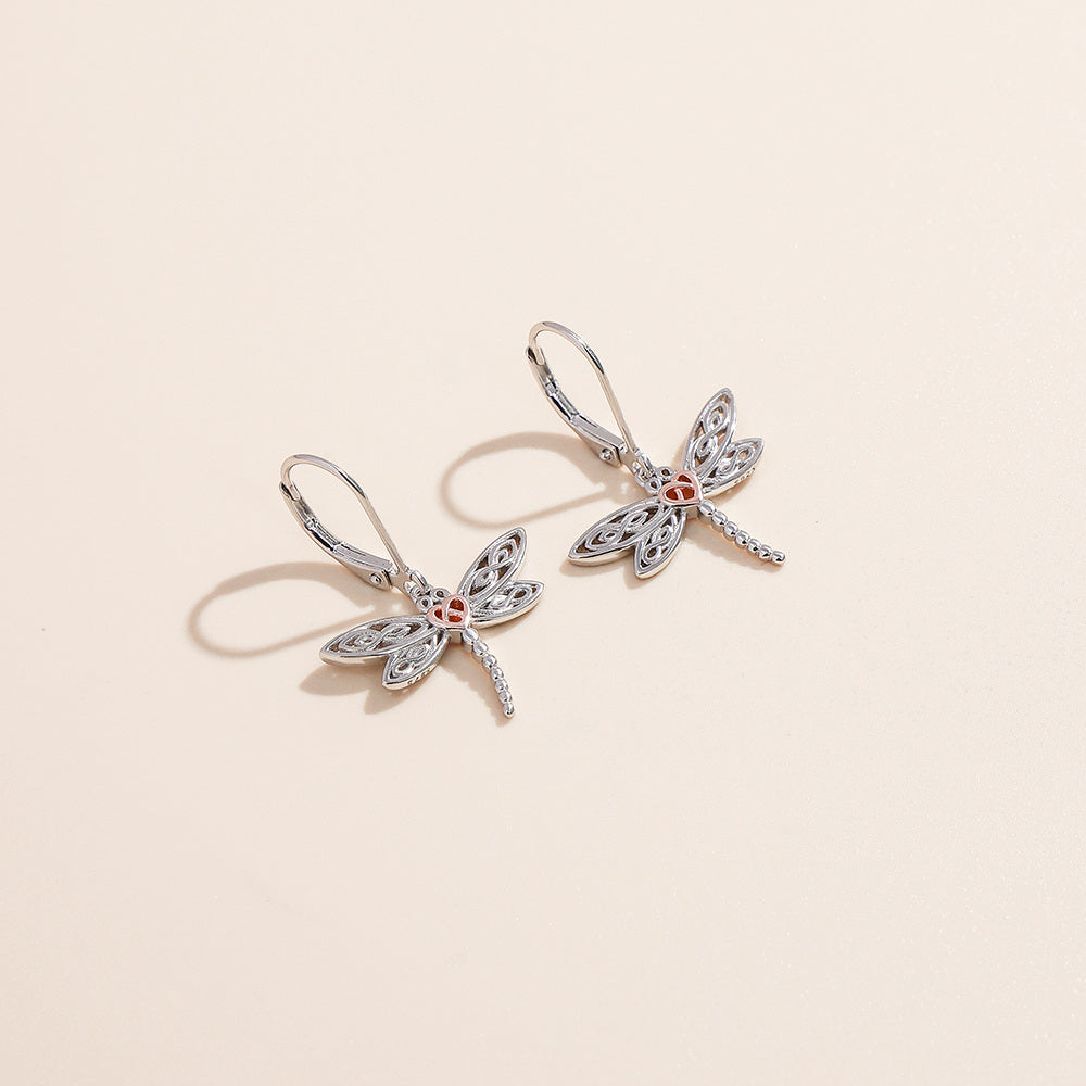 Sterling Silver Two-tone Dragonfly Drop Earrings