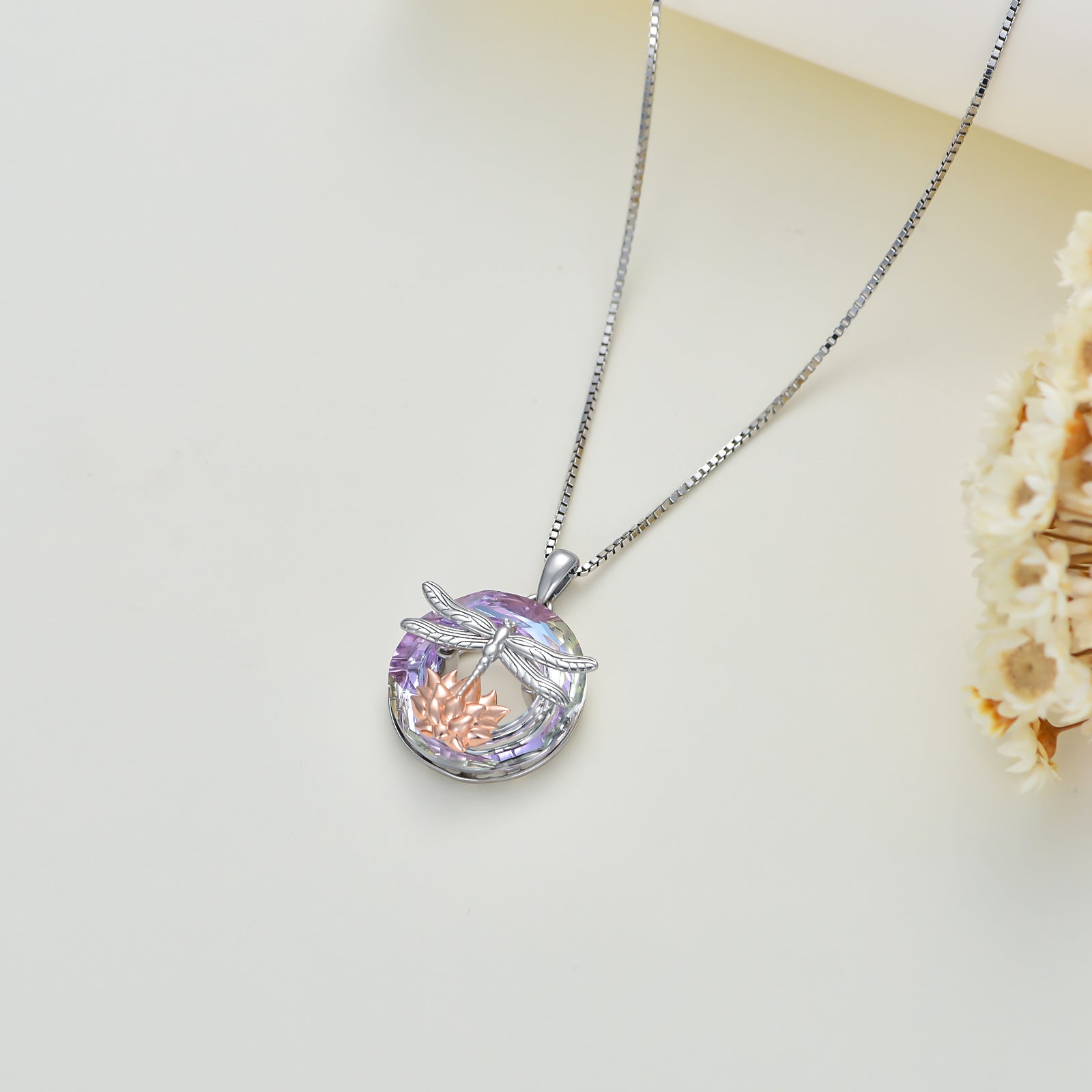 Sterling Silver Two-tone Dragonfly & Lotus Crystal Pendant Necklace