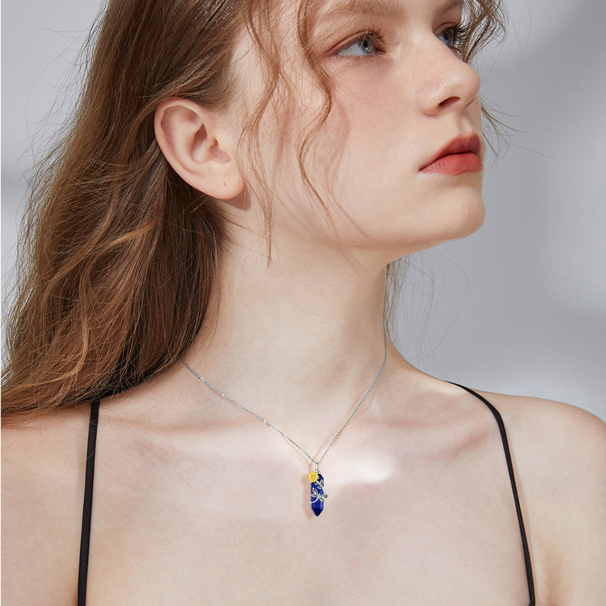 Sterling Silver Two-tone Dragonfly & Sunflower Crystal Pendant Necklace
