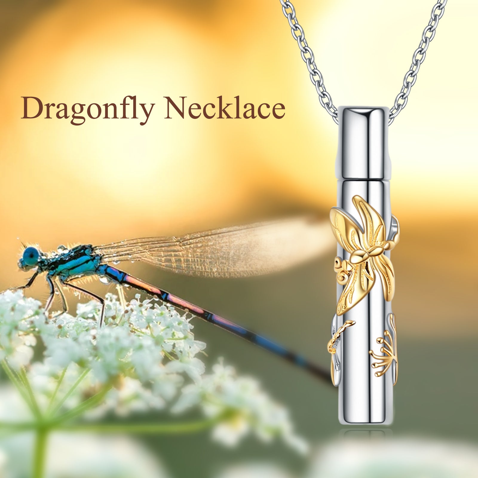 Sterling Silver Two-tone Dragonfly Urn Necklace for Ashes