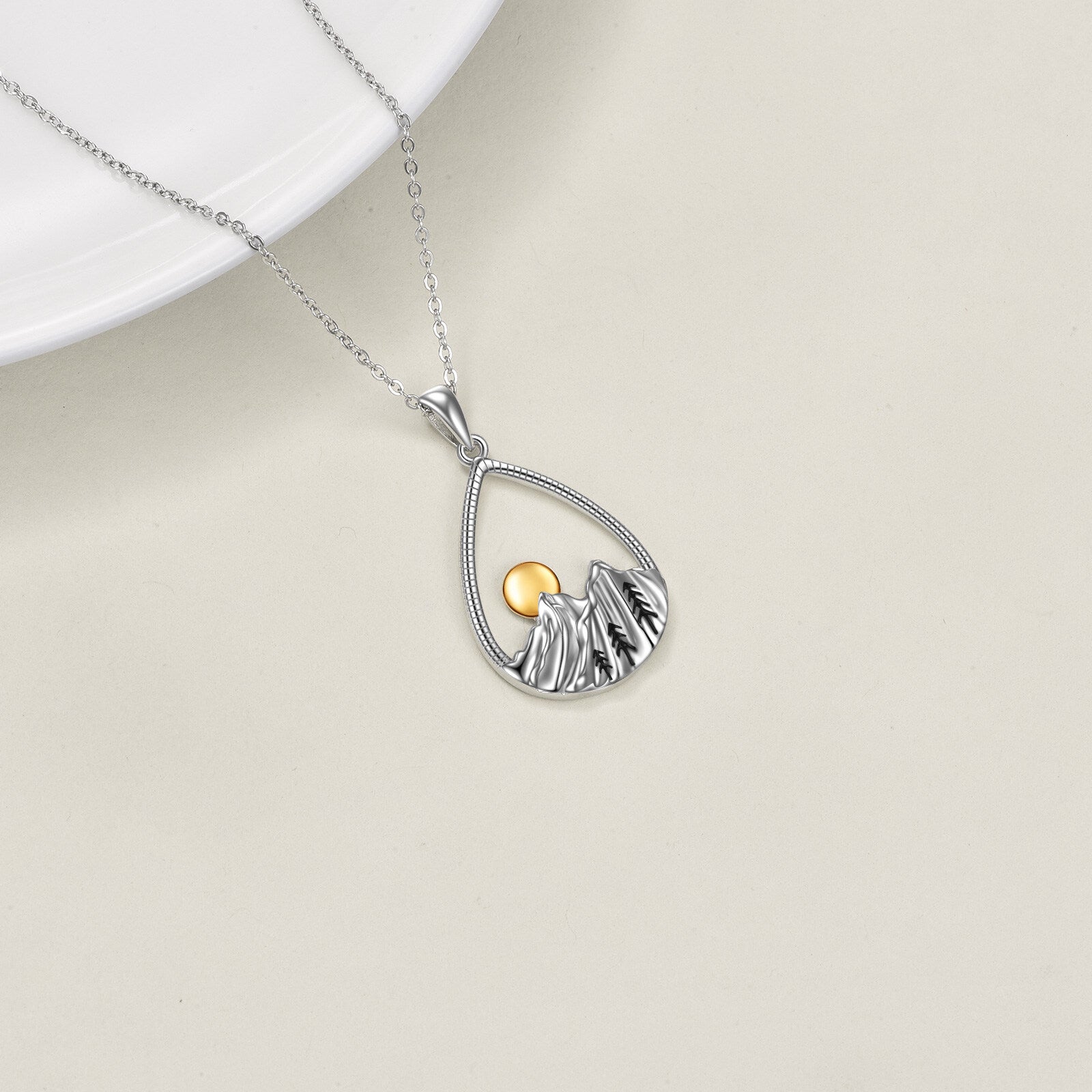 Sterling Silver Two-tone Drop Shape & Mountains & Sun Pendant Necklace