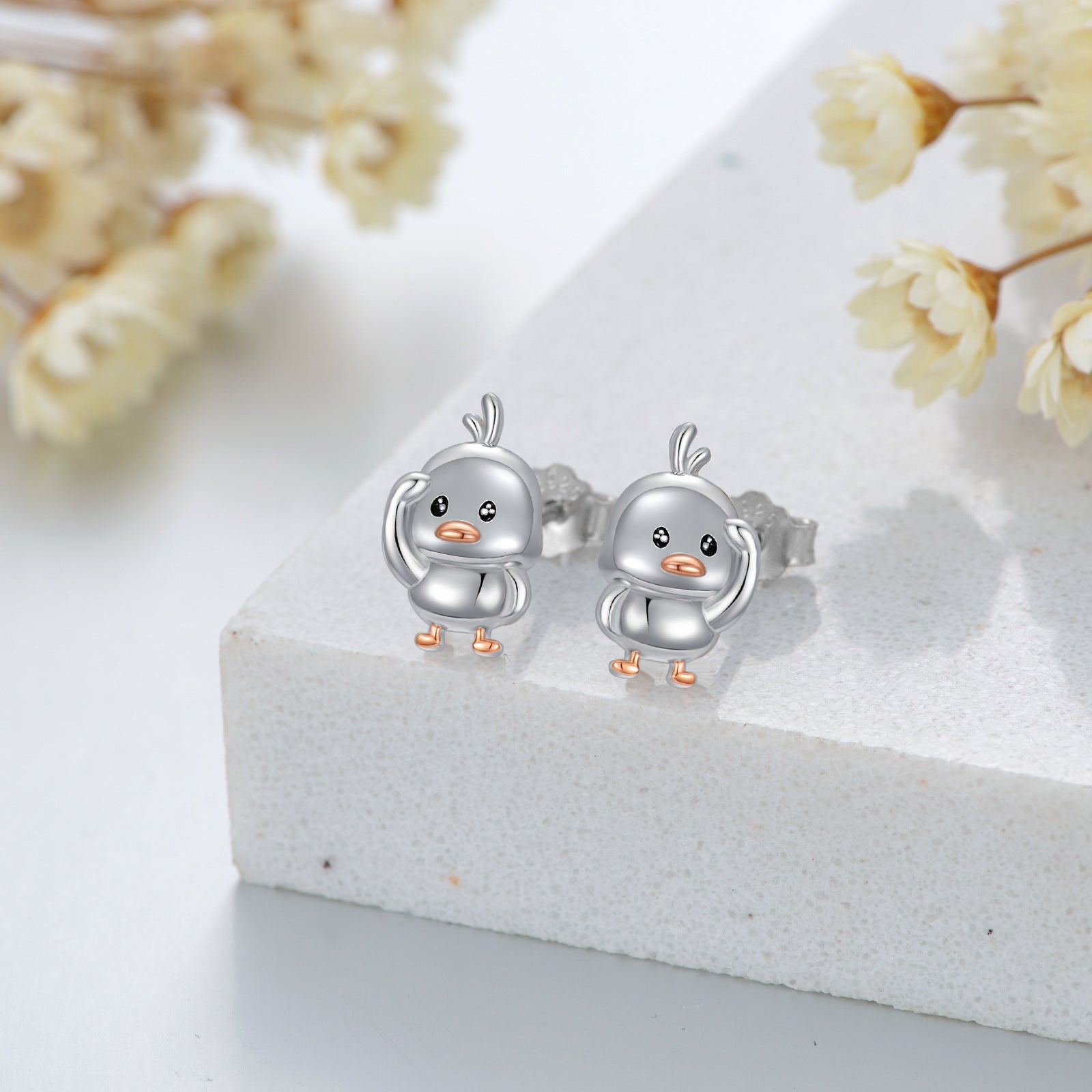 Sterling Silver Two-tone Duck Stud Earrings