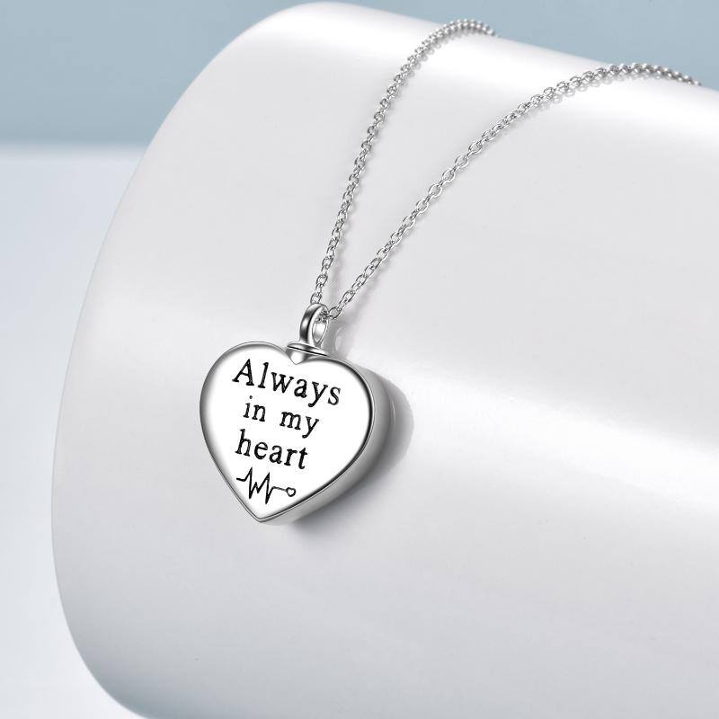 Sterling Silver Two-tone Electrocardiogram & Heart Urn Necklace for Ashes with Engraved Word