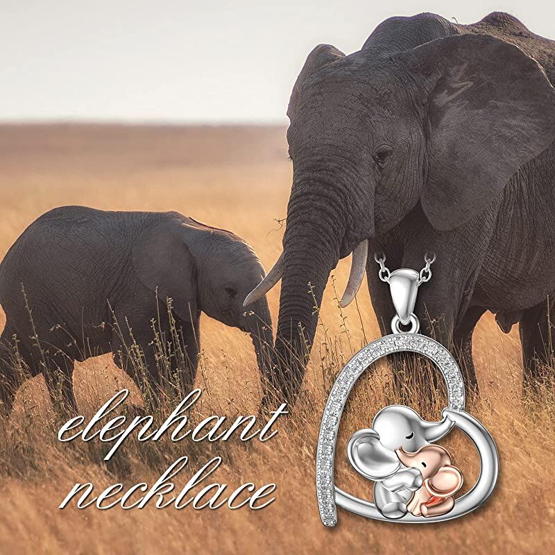 Sterling Silver Two-tone Cubic Zirconia Elephant & Heart Pendant Necklace