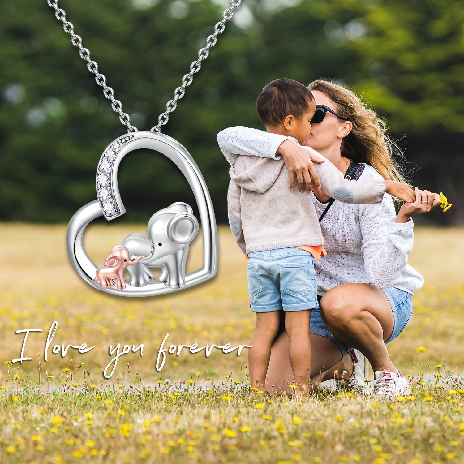 Sterling Silver Two-tone Cubic Zirconia Elephant Mother & Baby Heart Pendant Necklace
