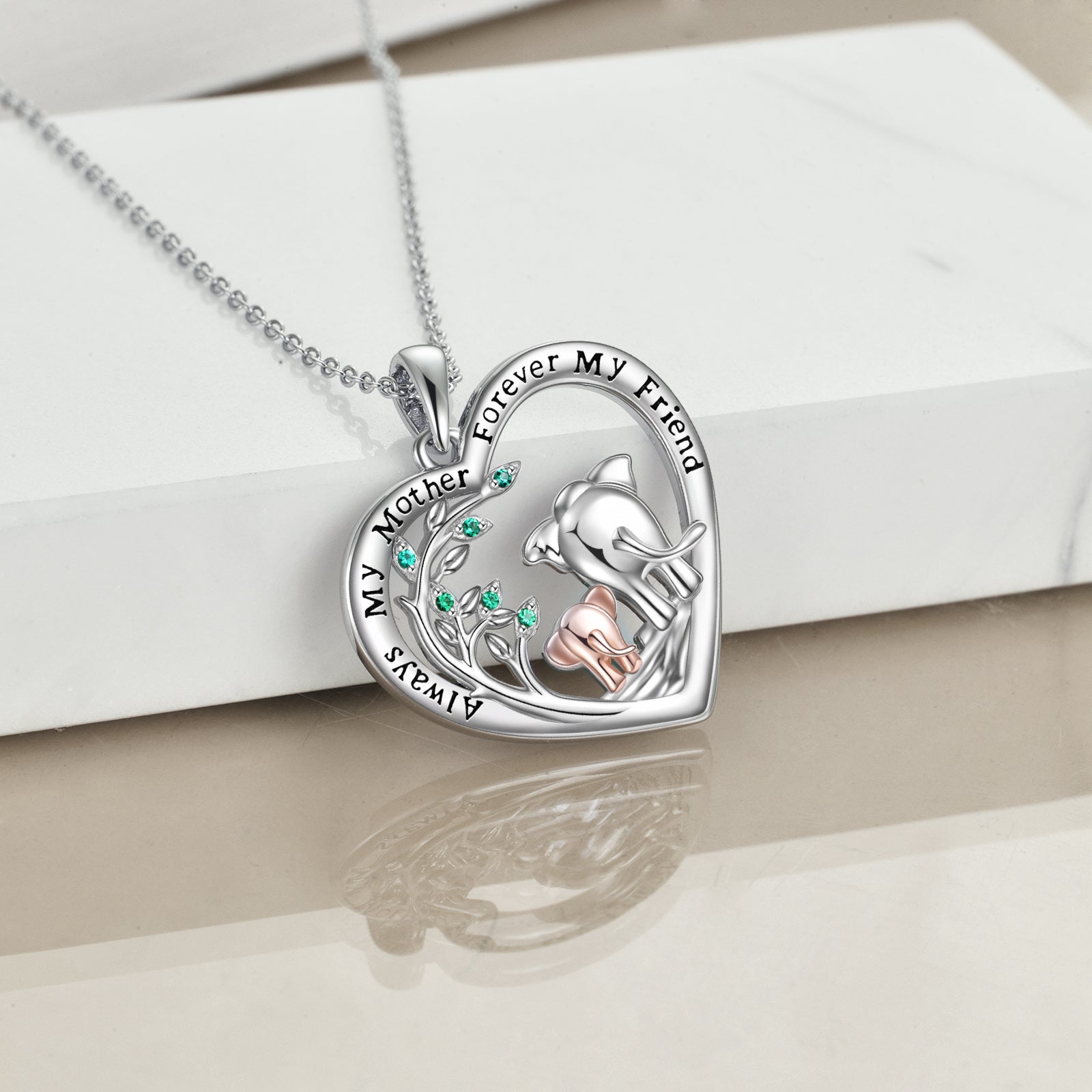 Sterling Silver Two-tone Elephant Mother & Child Heart Pendant Necklace with Engraved Word