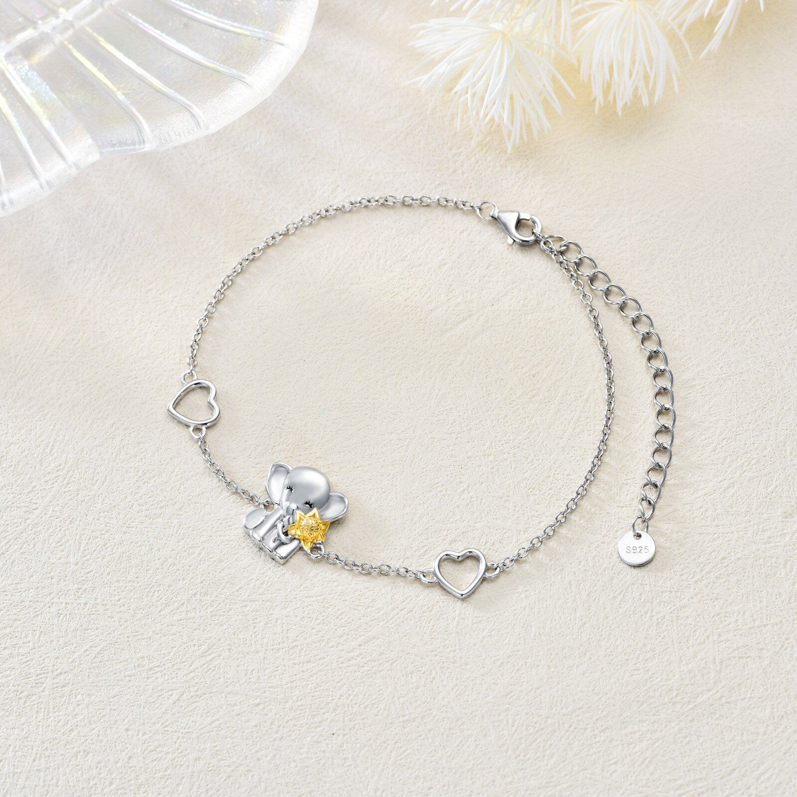 Sterling Silver Two-tone Elephant & Sunflower Charm Bracelet