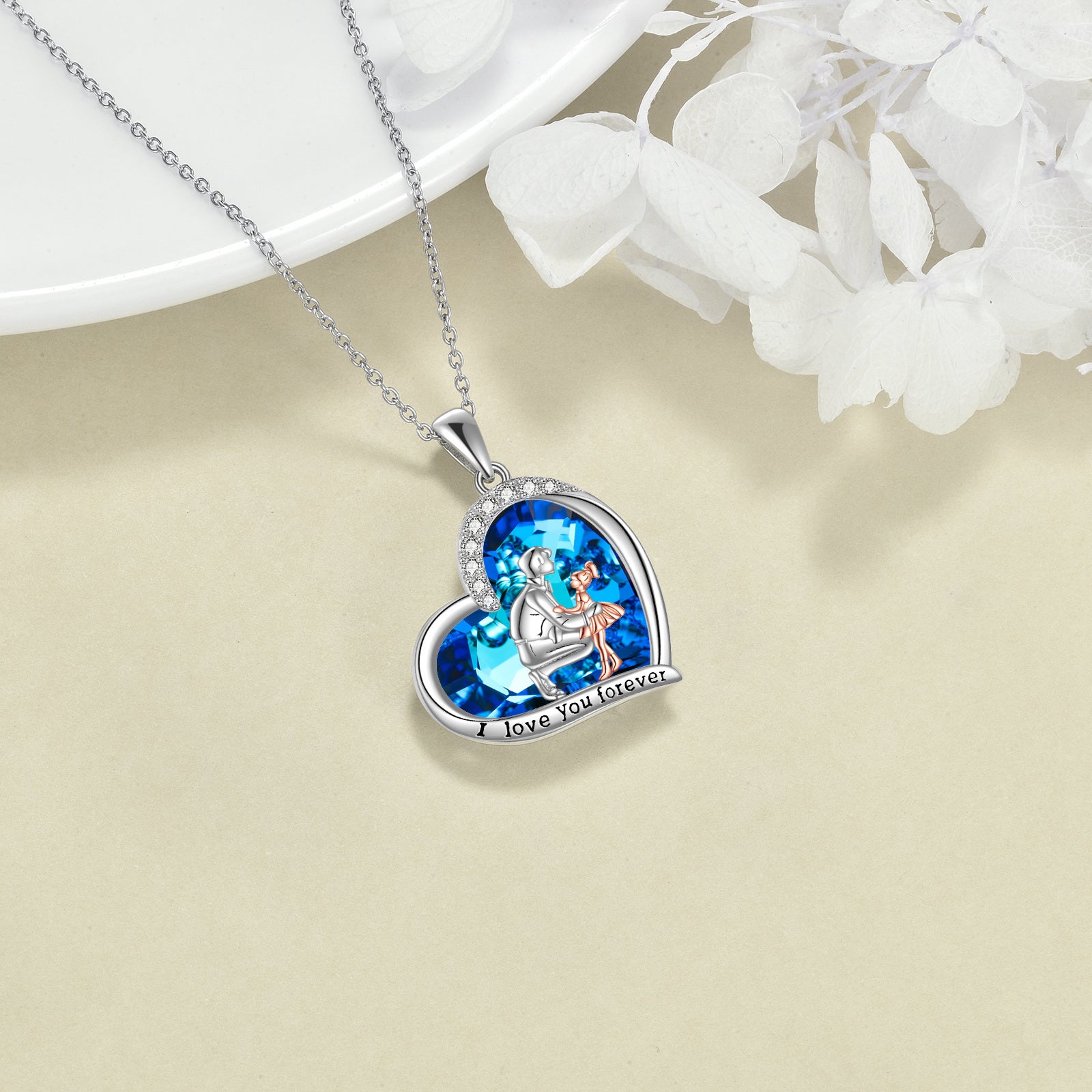 Sterling Silver Two-tone Father & Daughter Heart Crystal Pendant Necklace with Engraved Word