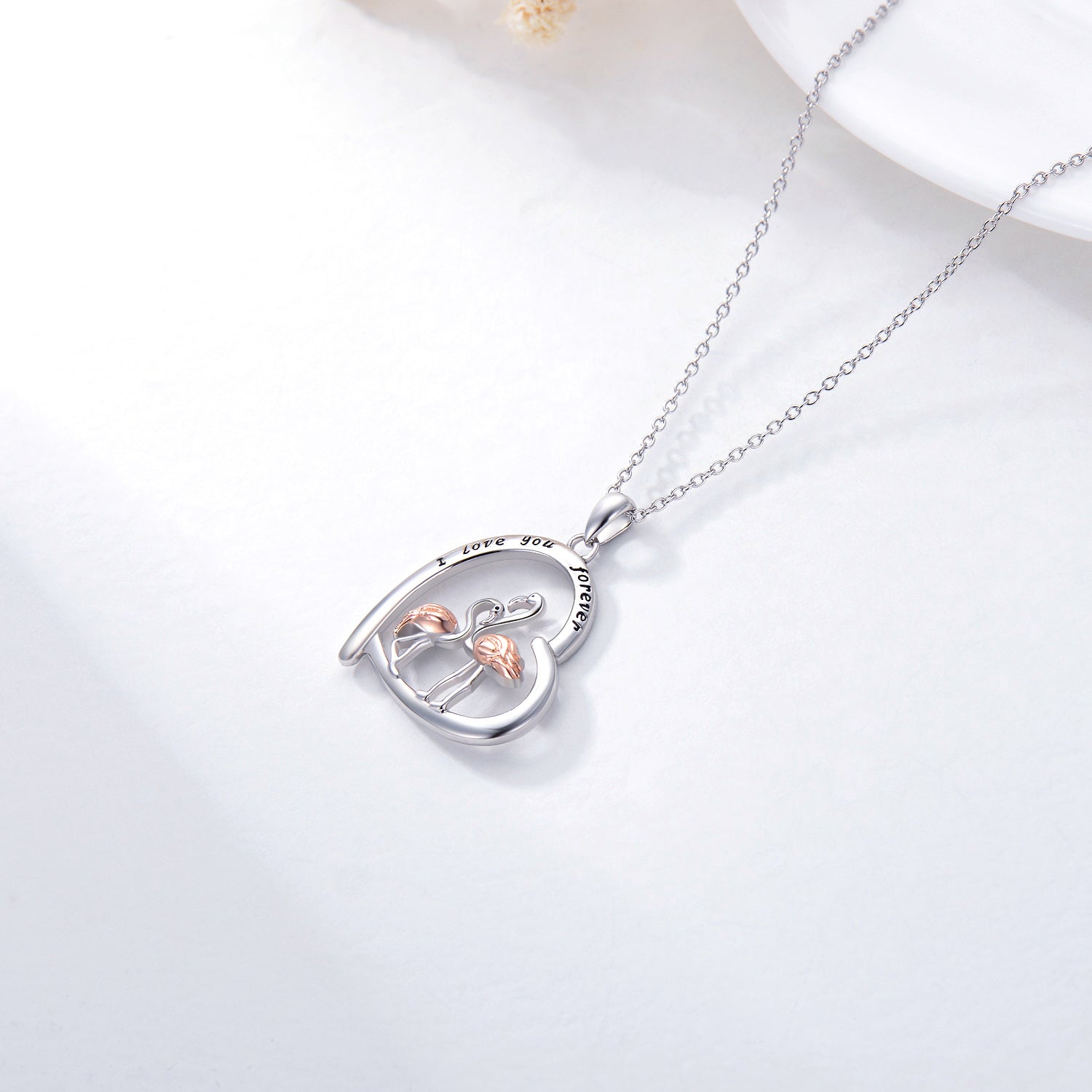 Sterling Silver Two-tone Flamingo & Heart Pendant Necklace