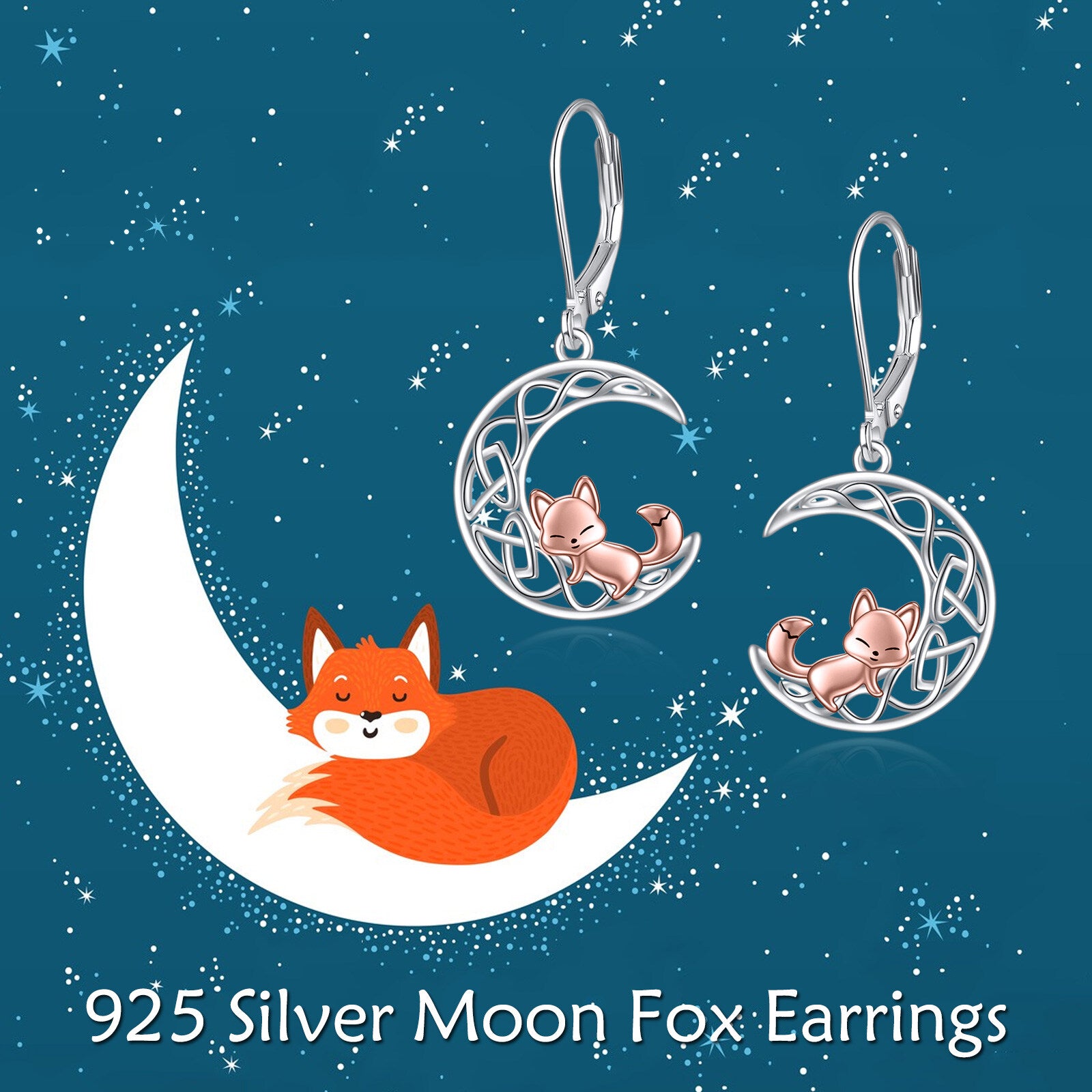 Sterling Silver Two-Tone Fox & Moon With Celtic Knot Lever-Back Earrings For Women
