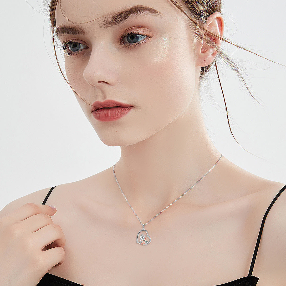 Sterling Silver Two-tone Cubic Zirconia Fox Lovers & Heart Pendant Necklace