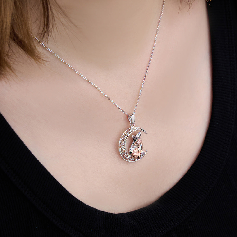 Sterling Silver Two-tone Fox & Moon Pendant Necklace