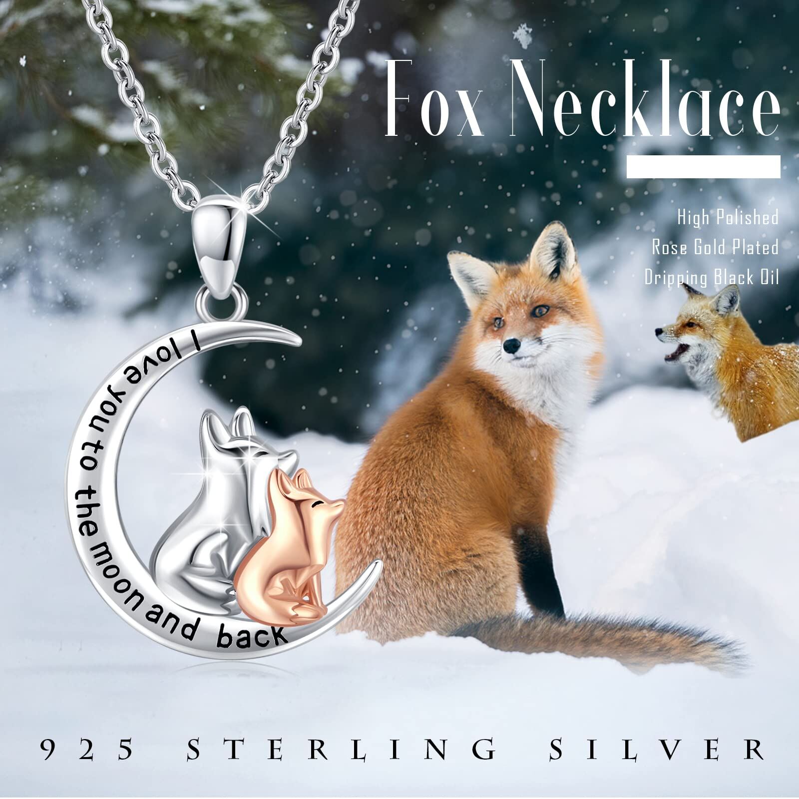 Sterling Silver Two-tone Fox & Moon Pendant Necklace with Engraved Word