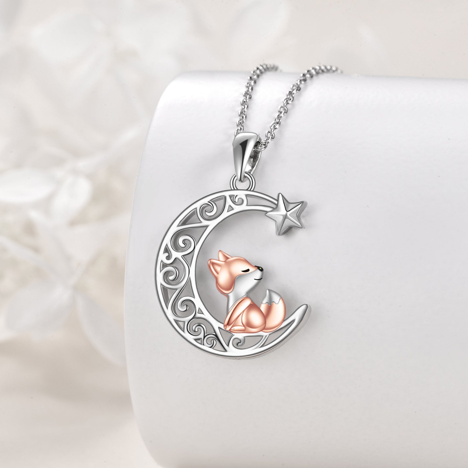 Sterling Silver Two-tone Fox & Moon & Star Pendant Necklace