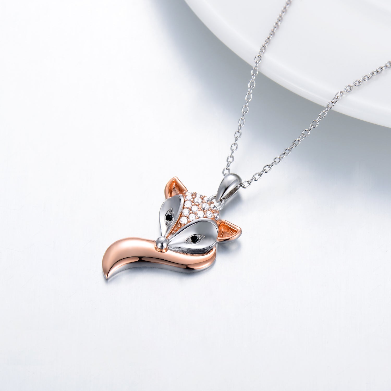 Sterling Silver Two-tone Cubic Zirconia Fox Pendant Necklace