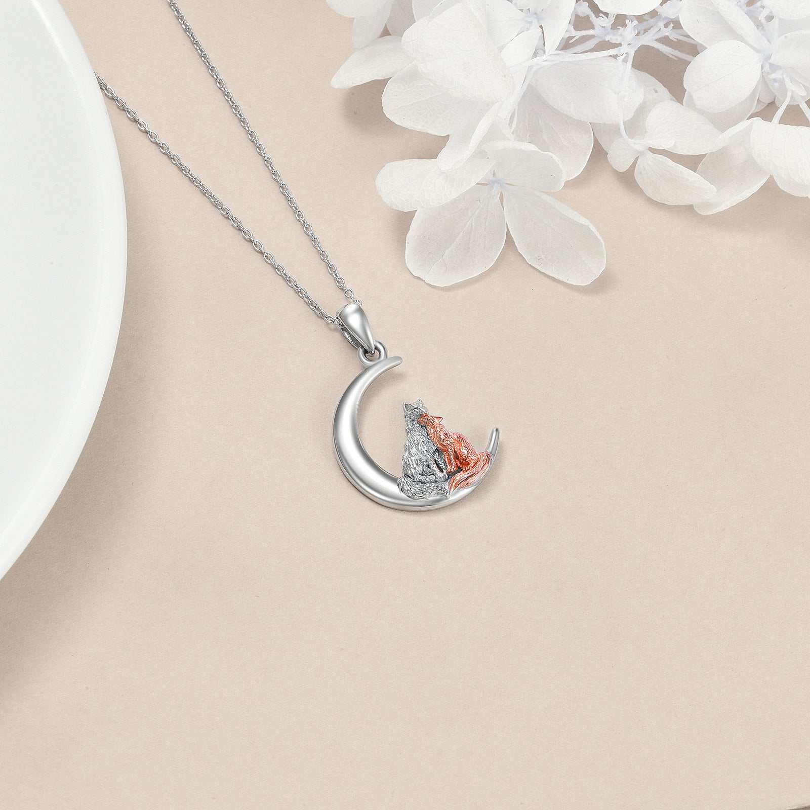 Sterling Silver Two-Tone Fox Wolf And Moon Pendant Necklace For Women