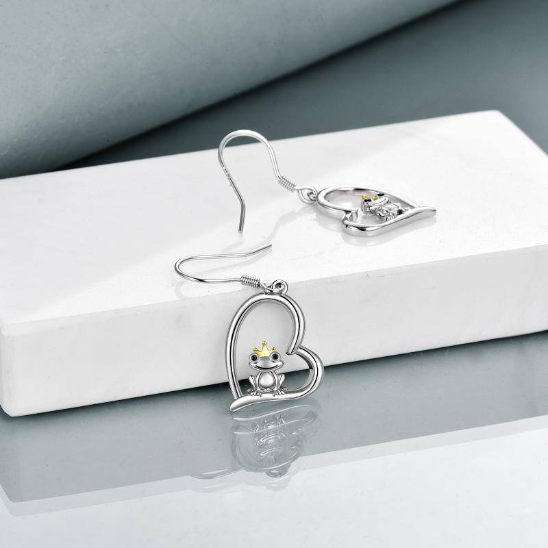 Sterling Silver Two-tone Frog & Heart Drop Earrings