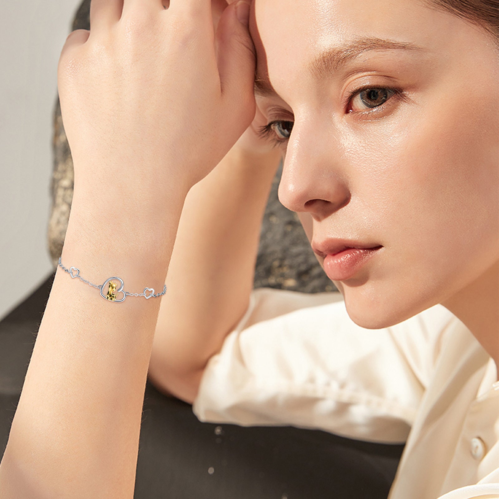 Sterling Silver Two-tone Giraffe & Heart Charm Bracelet