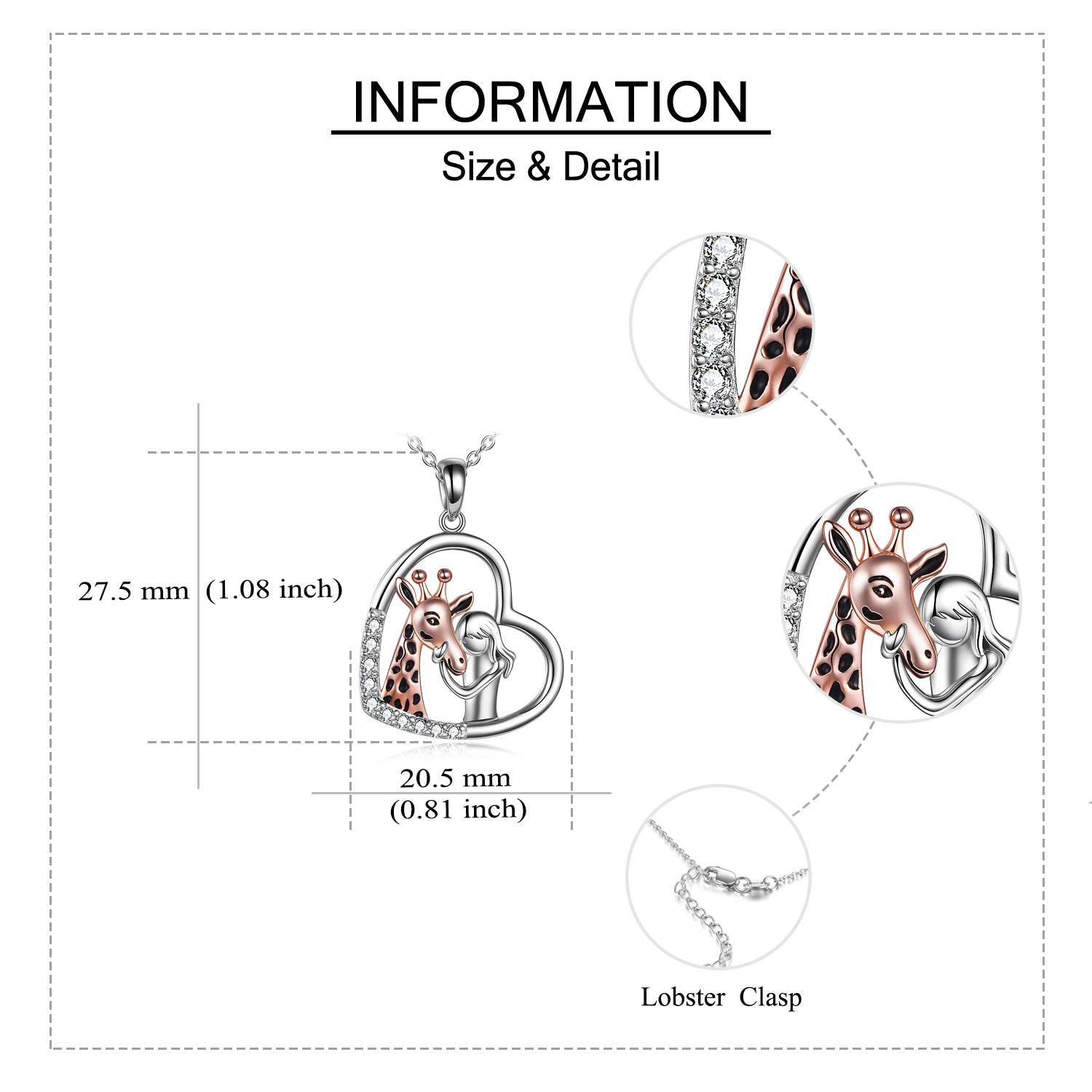 Sterling Silver Two-tone Cubic Zirconia Giraffe & Heart Pendant Necklace