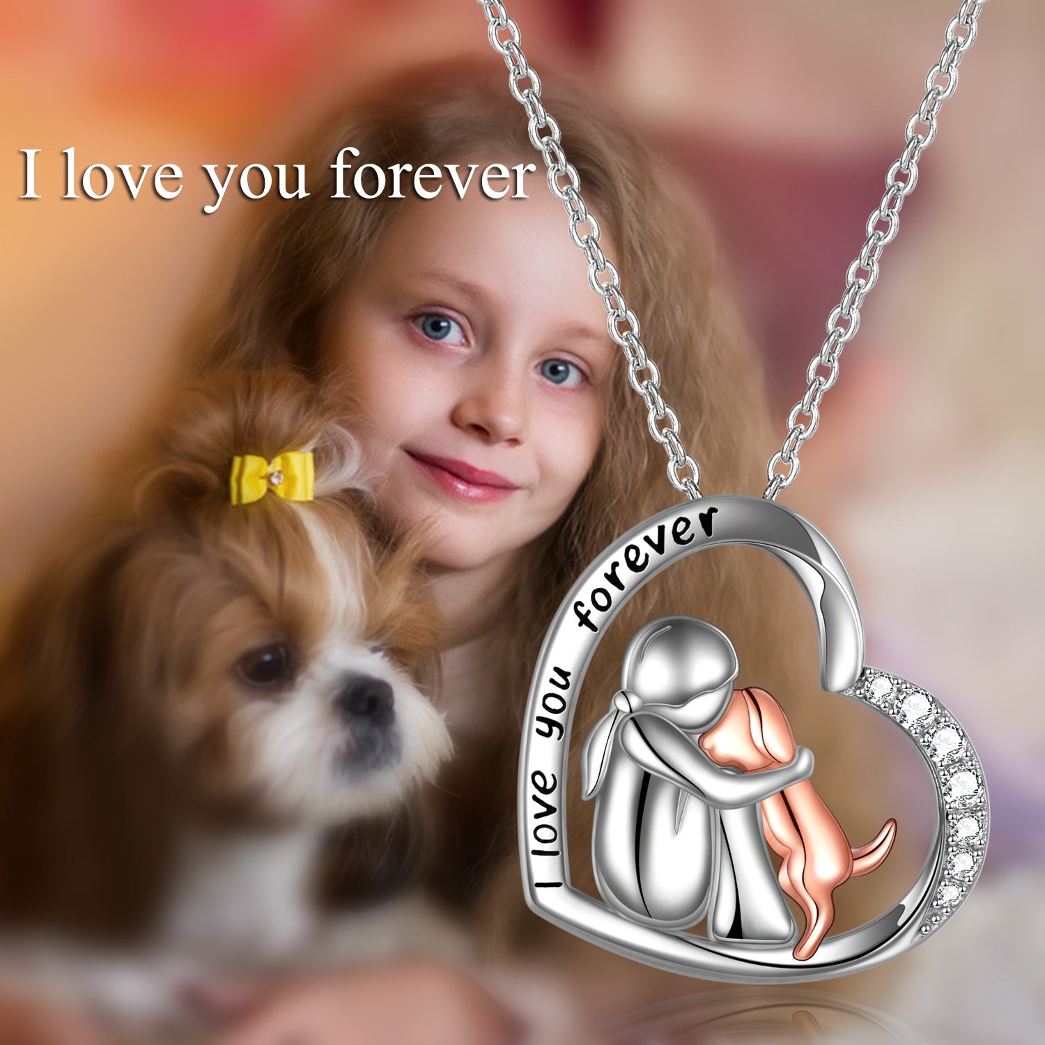 Sterling Silver Two-tone Cubic Zirconia Girl Hugs Dog Heart Pendant Necklace with Engraved Word