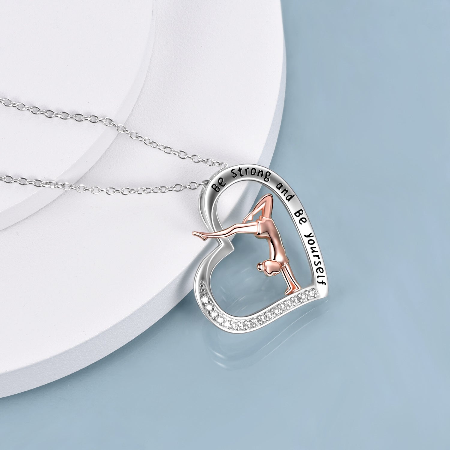 Sterling Silver Two-tone Cubic Zirconia Gymnastics & Heart Pendant Necklace with Engraved Word