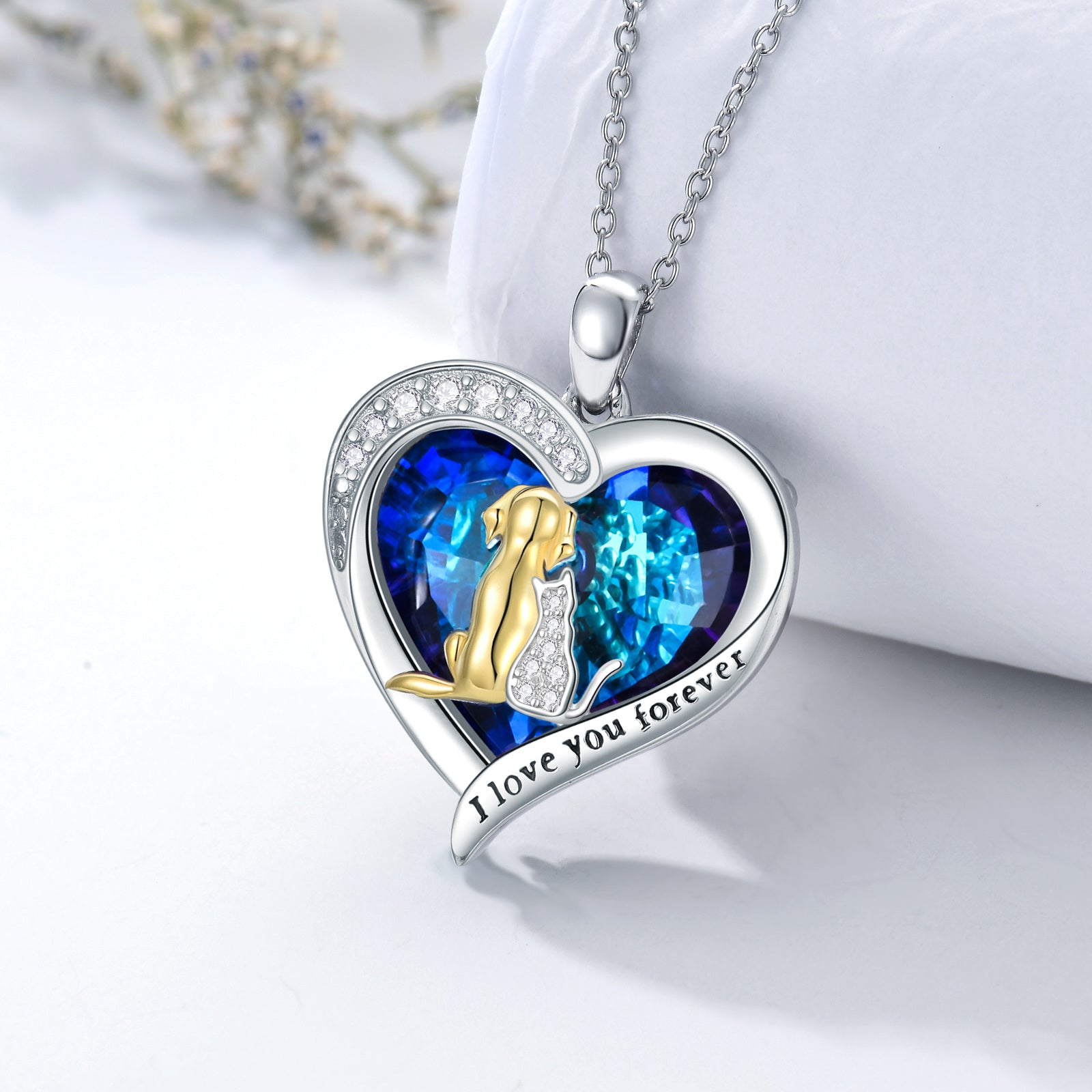 Sterling Silver Two-Tone Heart Crystal With Zircon Cat & Dog Pendant Necklace For Women