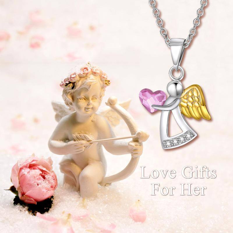 Sterling Silver Two-tone Crystal Angel & Heart Necklace for Women