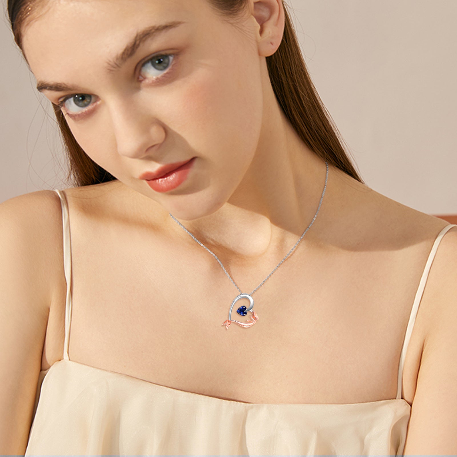 Sterling Silver Two-Tone Heart Crystal Mermaid Tail With Pendant Necklace For Women