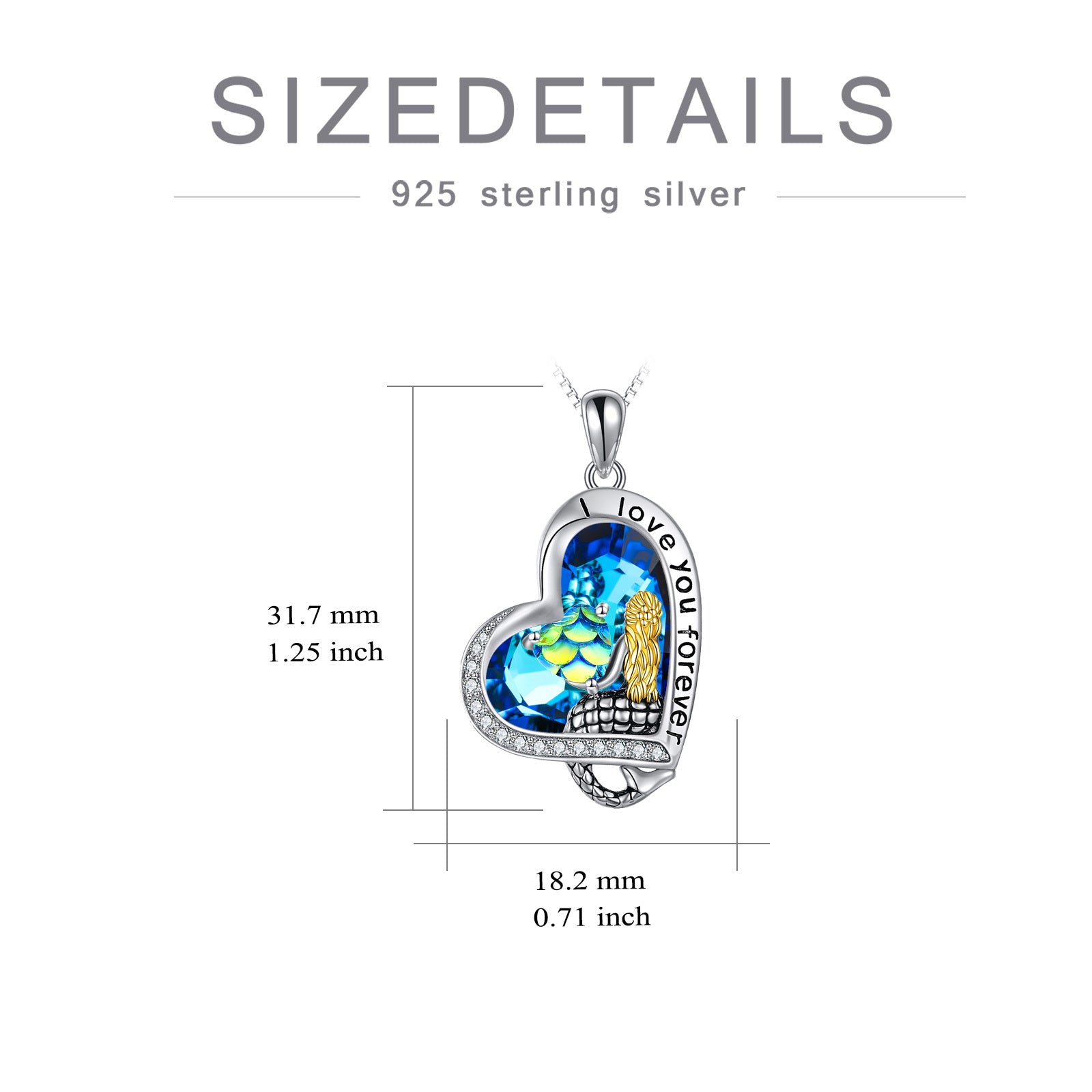 Sterling Silver Two-tone Heart Crystal Mermaid Tail & Heart Pendant Necklace with Engraved Word