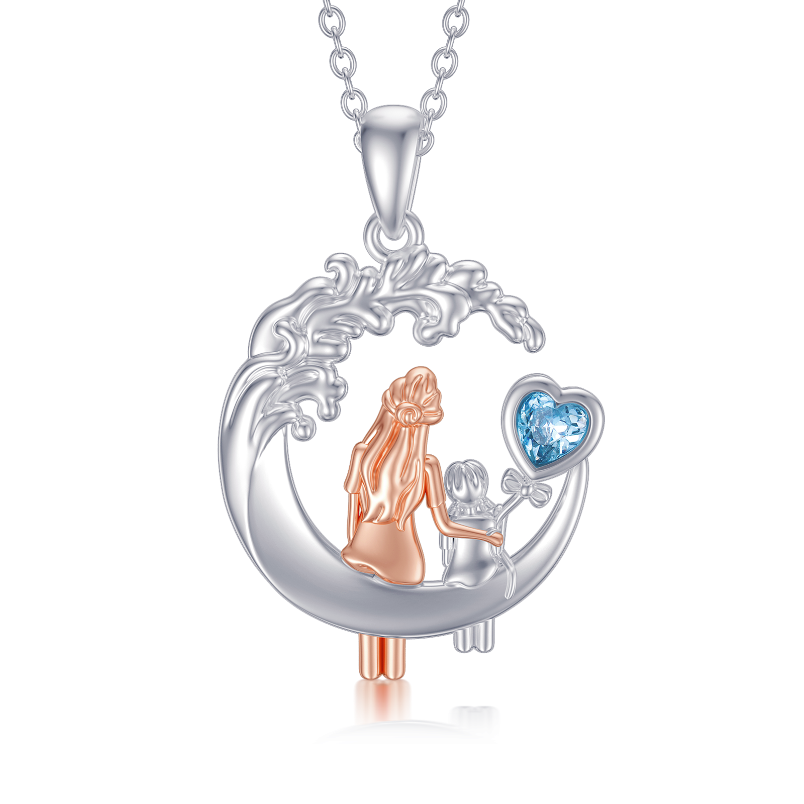 Sterling Silver Two-tone Heart Crystal Mother & Moon Pendant Necklace
