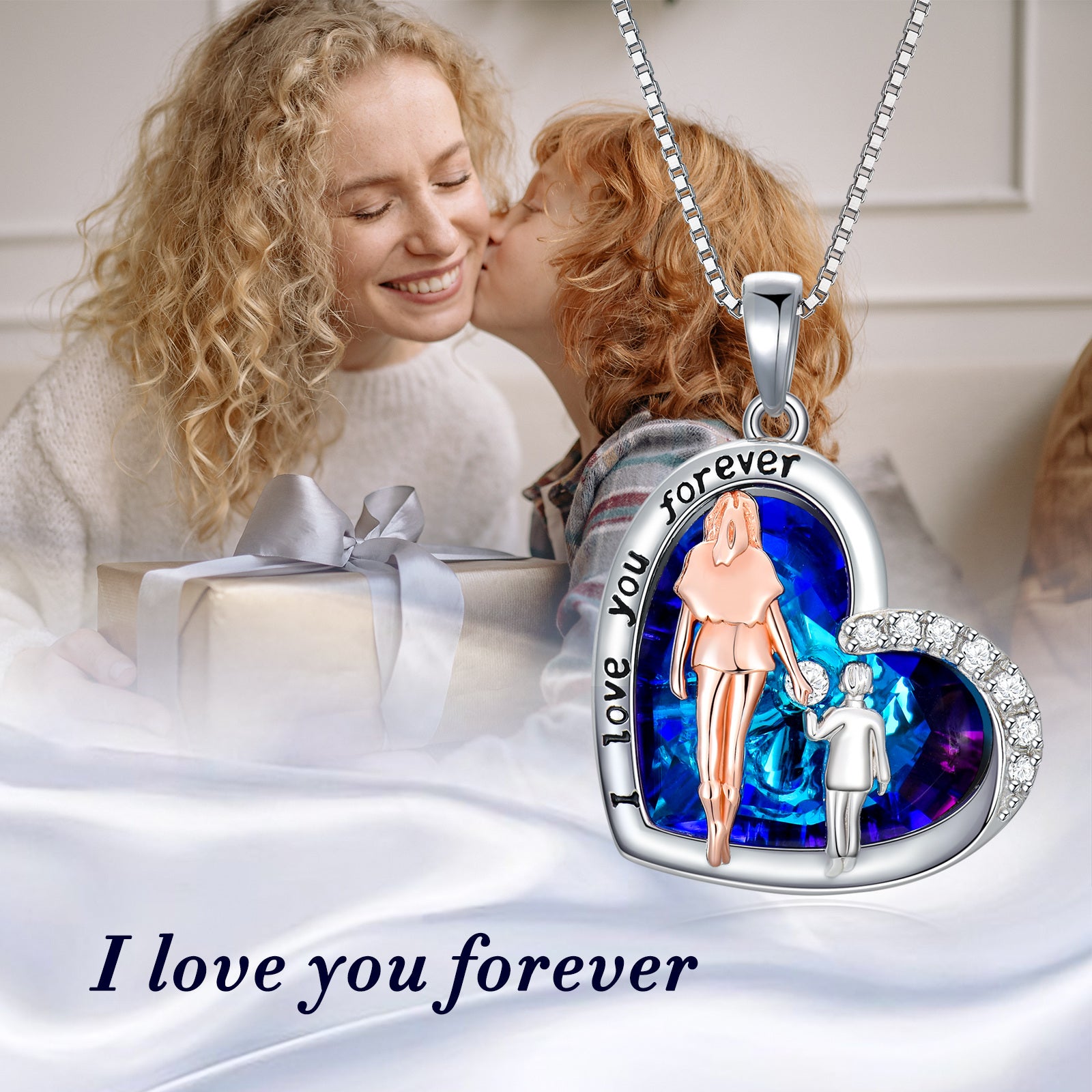 Sterling Silver Two-Tone Heart Crystal Pendant Necklace With Engraved Word For Women