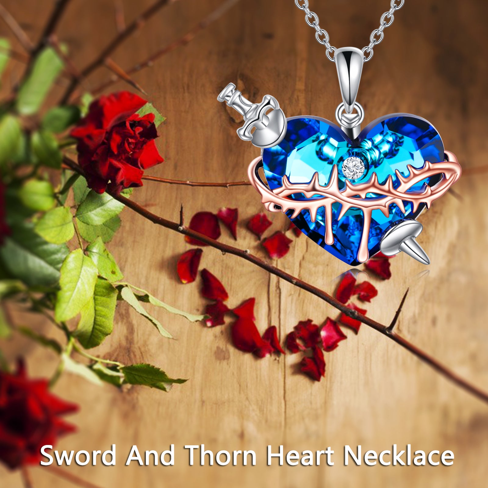 Sterling Silver Two-tone Heart Crystal Pendant Necklace