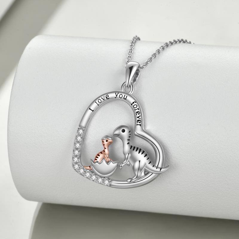 Sterling Silver Two-tone Heart Dinosaur Mom and Baby Pendant Necklace with Engraved Word