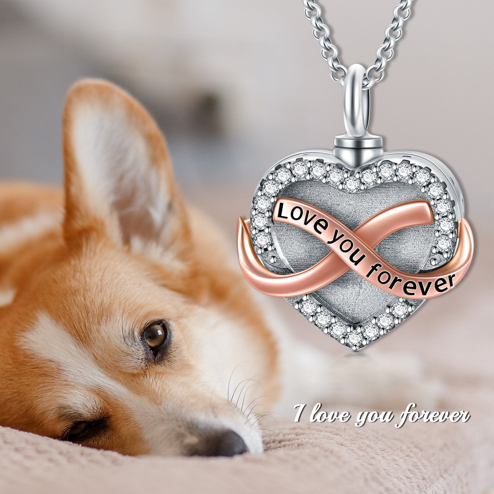Sterling Silver Two-tone Heart & Infinity Symbol Urn Necklace for Ashes with Engraved Word