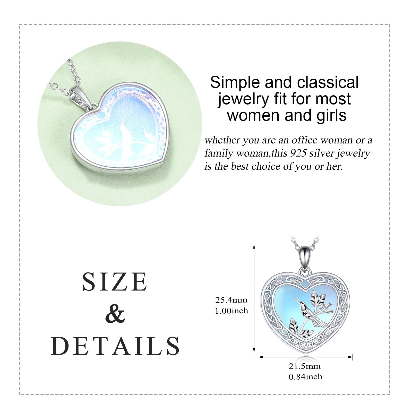 Sterling Silver Two-Tone Heart Moonstone Hummingbird Pendant Necklace For Women