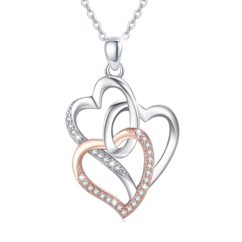 Sterling Silver Two-tone Cubic Zirconia Heart Pendant Necklace