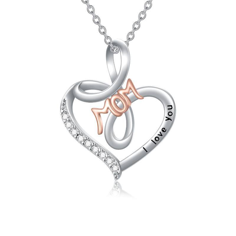 Sterling Silver Two-tone Heart Pendant Necklace with Engraved Word