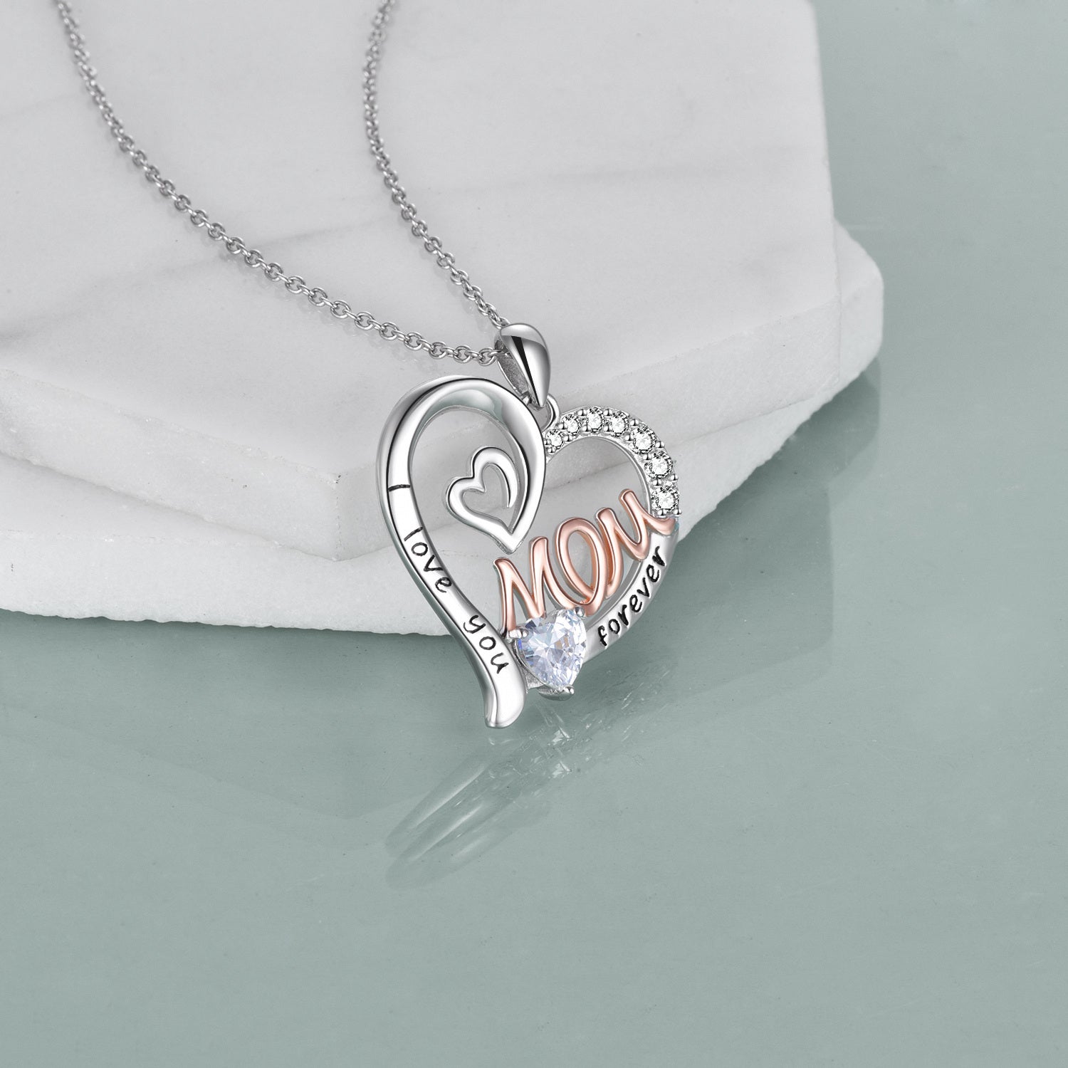 Sterling Silver Two-tone Cubic Zirconia Heart Engraved Necklace for Women
