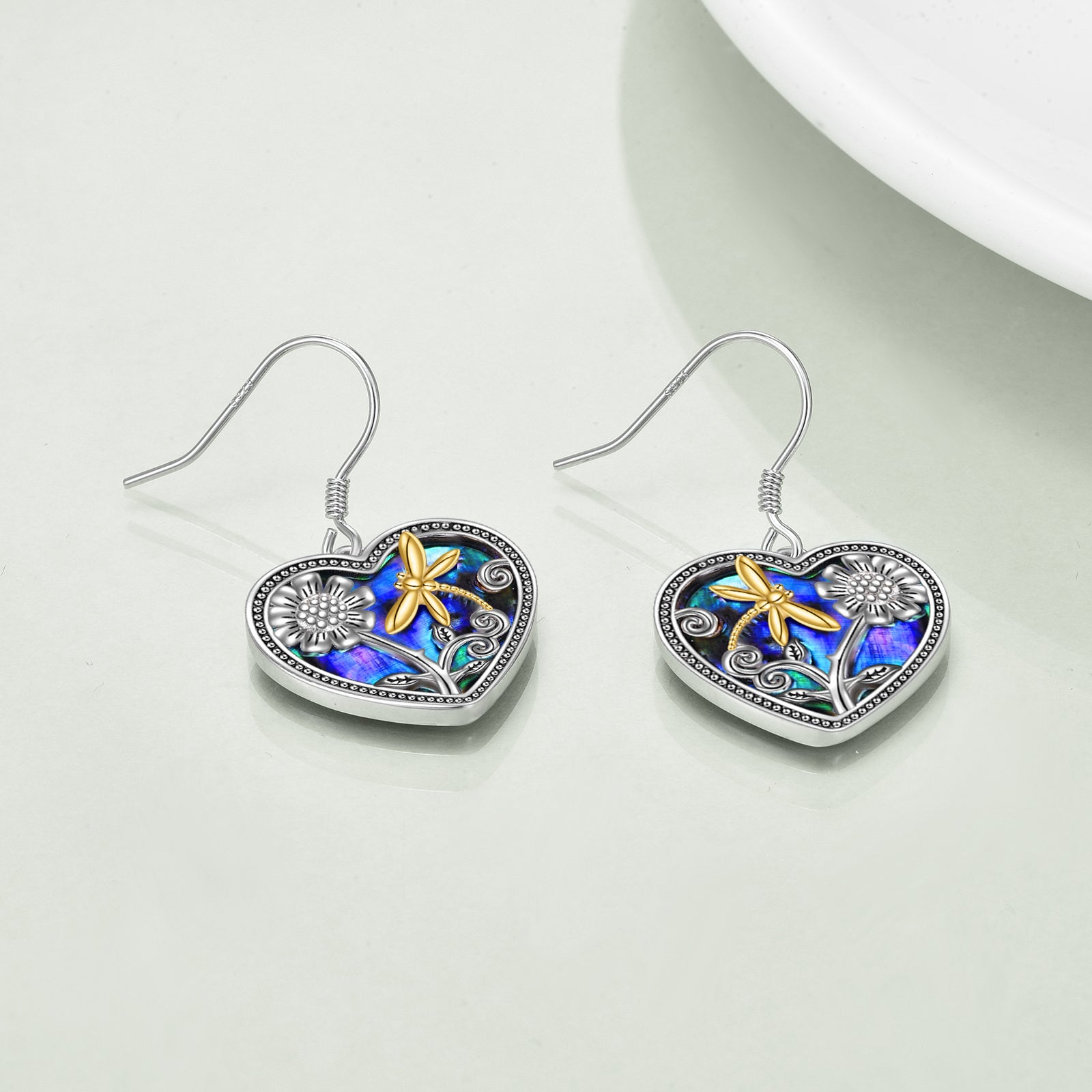 Sterling Silver Two-tone Heart Shaped Abalone Shellfish Dragonfly & Sunflower Drop Earrings
