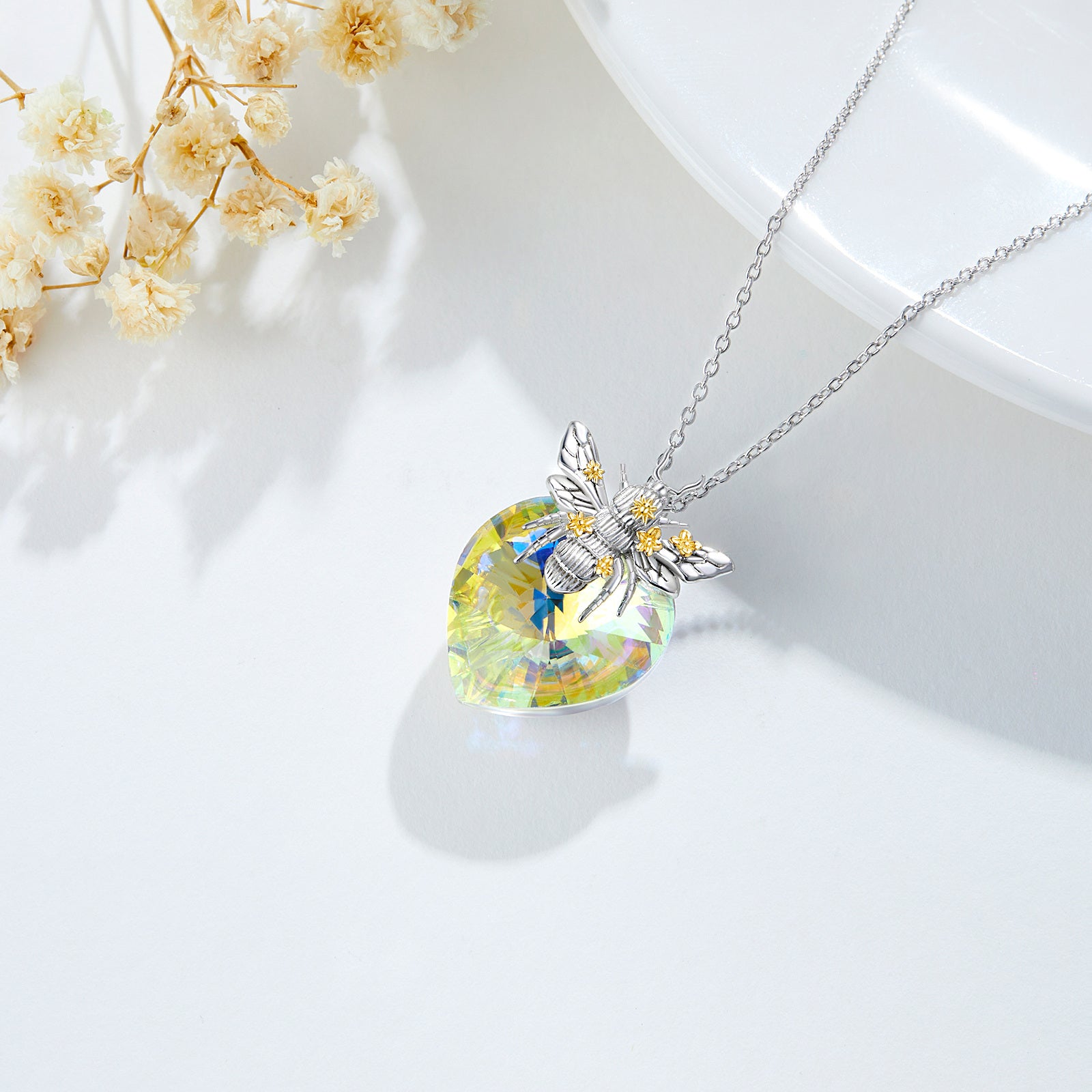 Sterling Silver Two-Tone Bee & Heart Crystal Pendant Necklace For Women