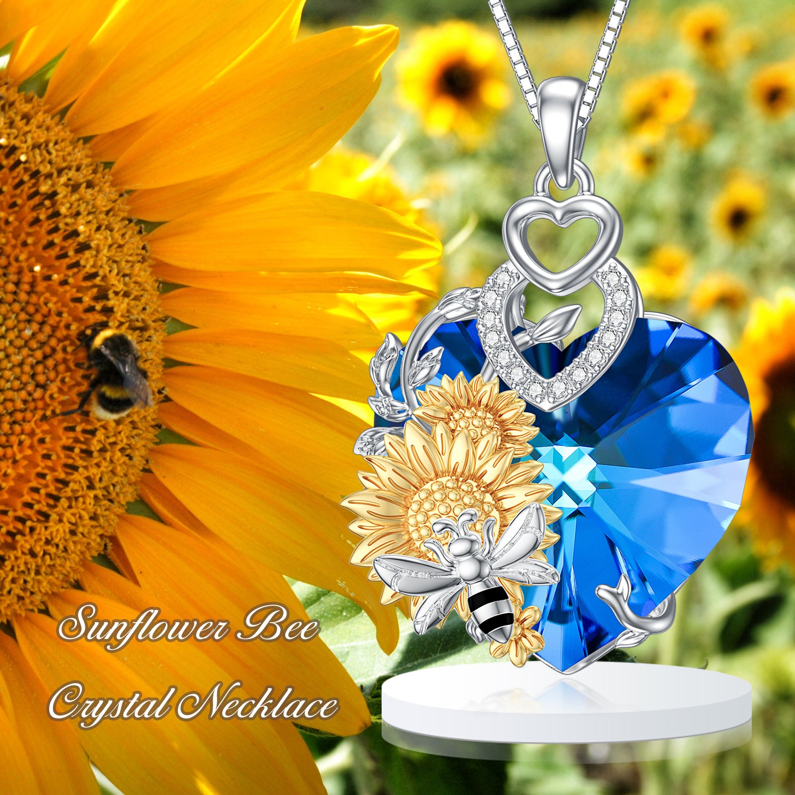 Sterling Silver Two-tone Heart Shaped Bee & Sunflower Crystal Pendant Necklace