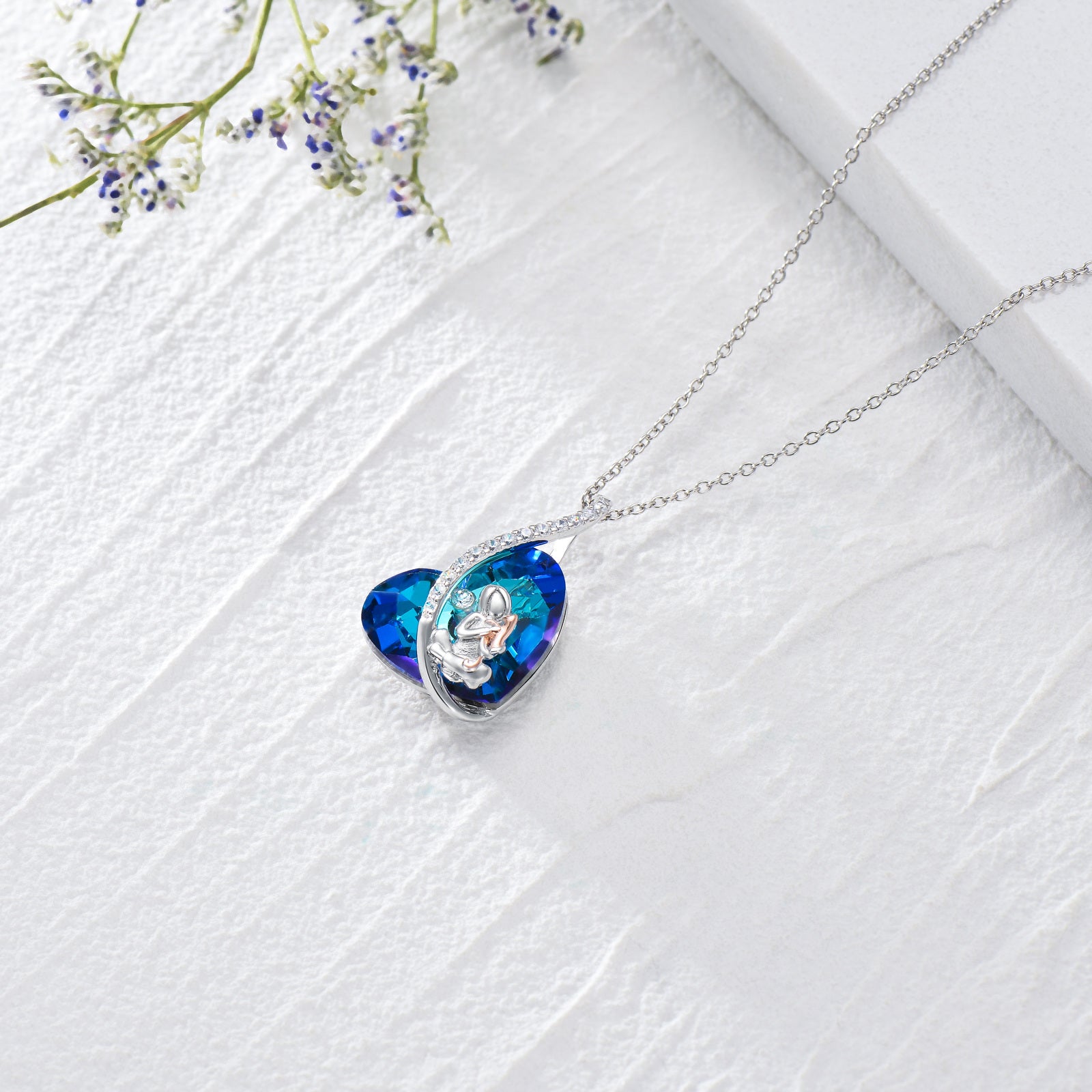 Sterling Silver Two-Tone Heart Crystal Cat Pendant Necklace For Women