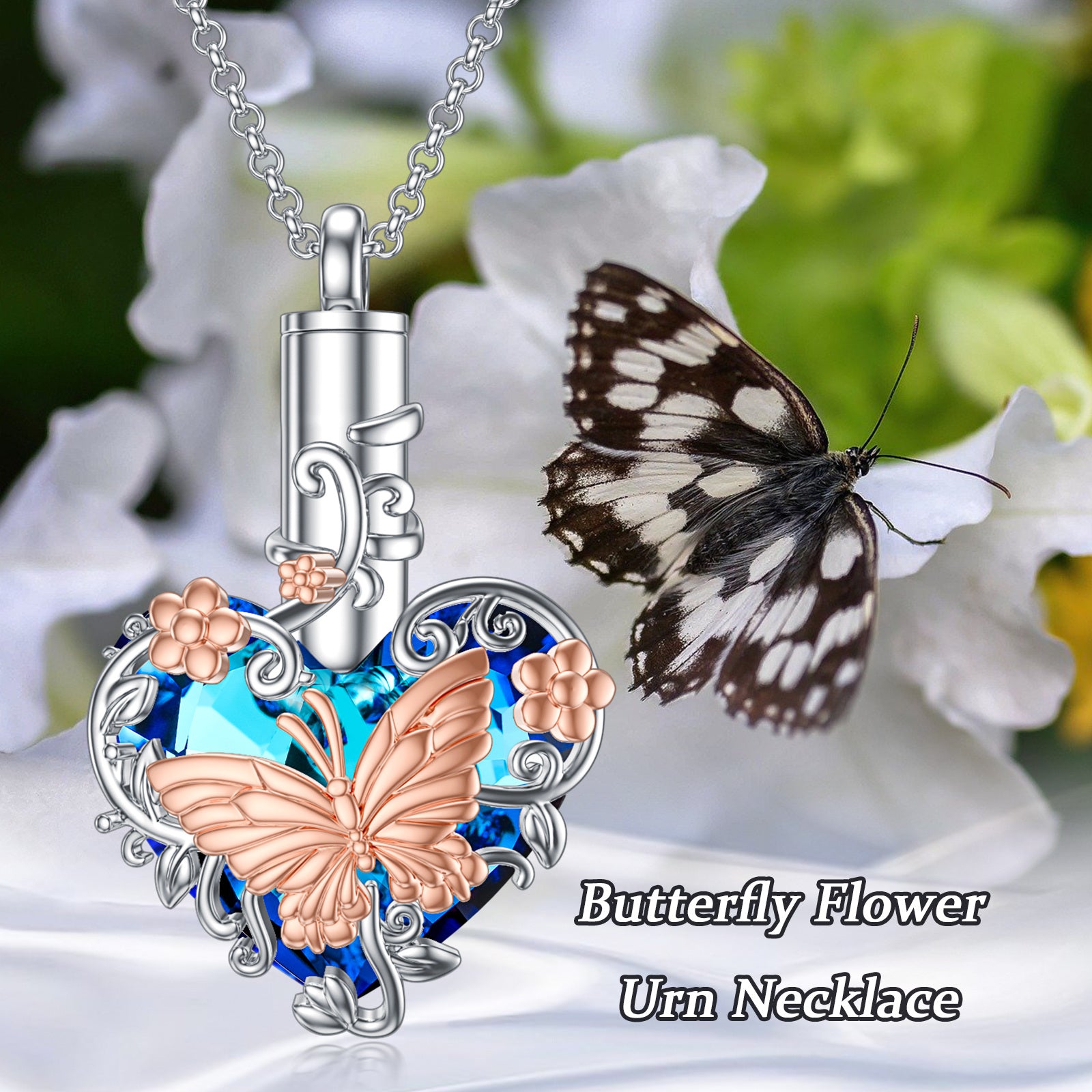 Sterling Silver Two-Tone Heart Crystal Butterfly Urn Necklace For Ashes