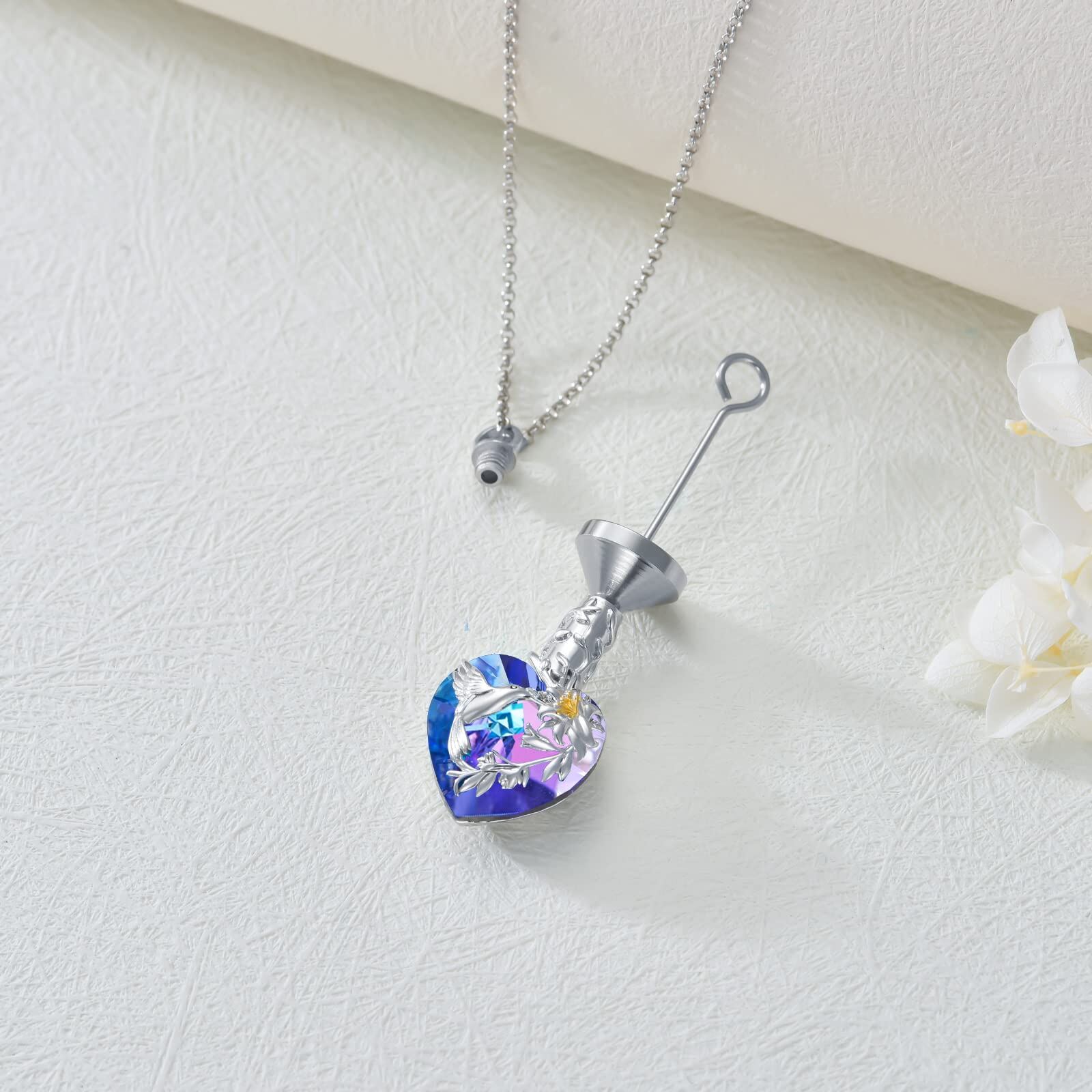 Sterling Silver Purple Crystal Hummingbird & Lily Heart Urn Necklace For Ashes Keepsake Memorial Jewelry