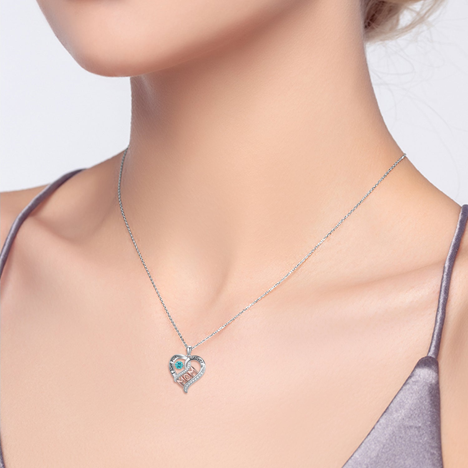 Sterling Silver Two-Tone Heart Crystal Mother With Heart Pendant Necklace With Engraved Word For Women
