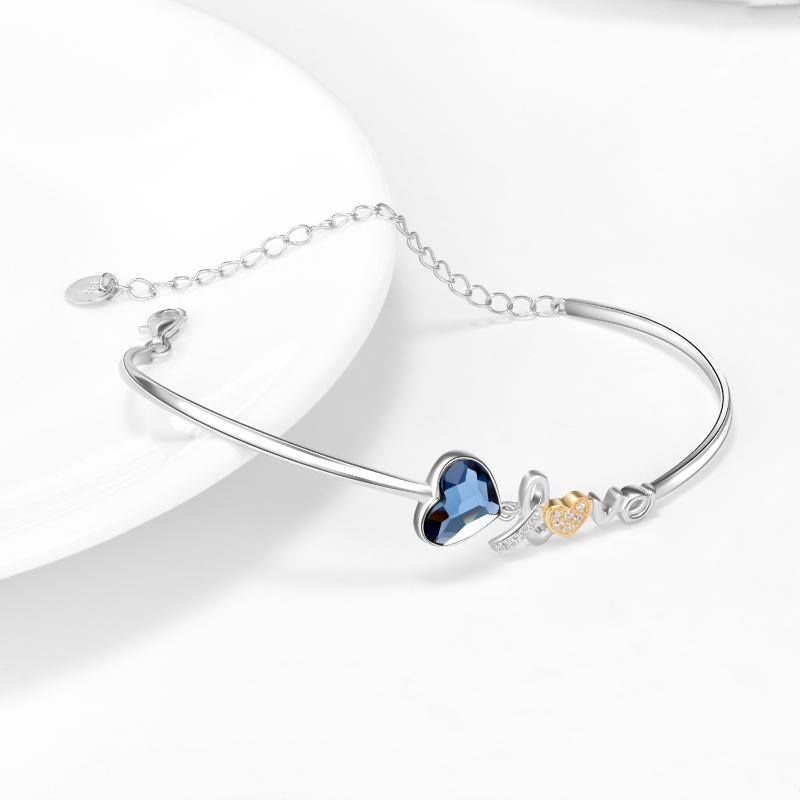 Sterling Silver Two-Tone Heart Crystal Pendant Bangle With Engraved Word For Women
