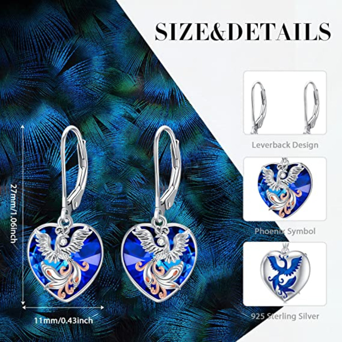 Sterling Silver Two-Tone Heart Crystal Phoenix Lever-Back Earrings For Women