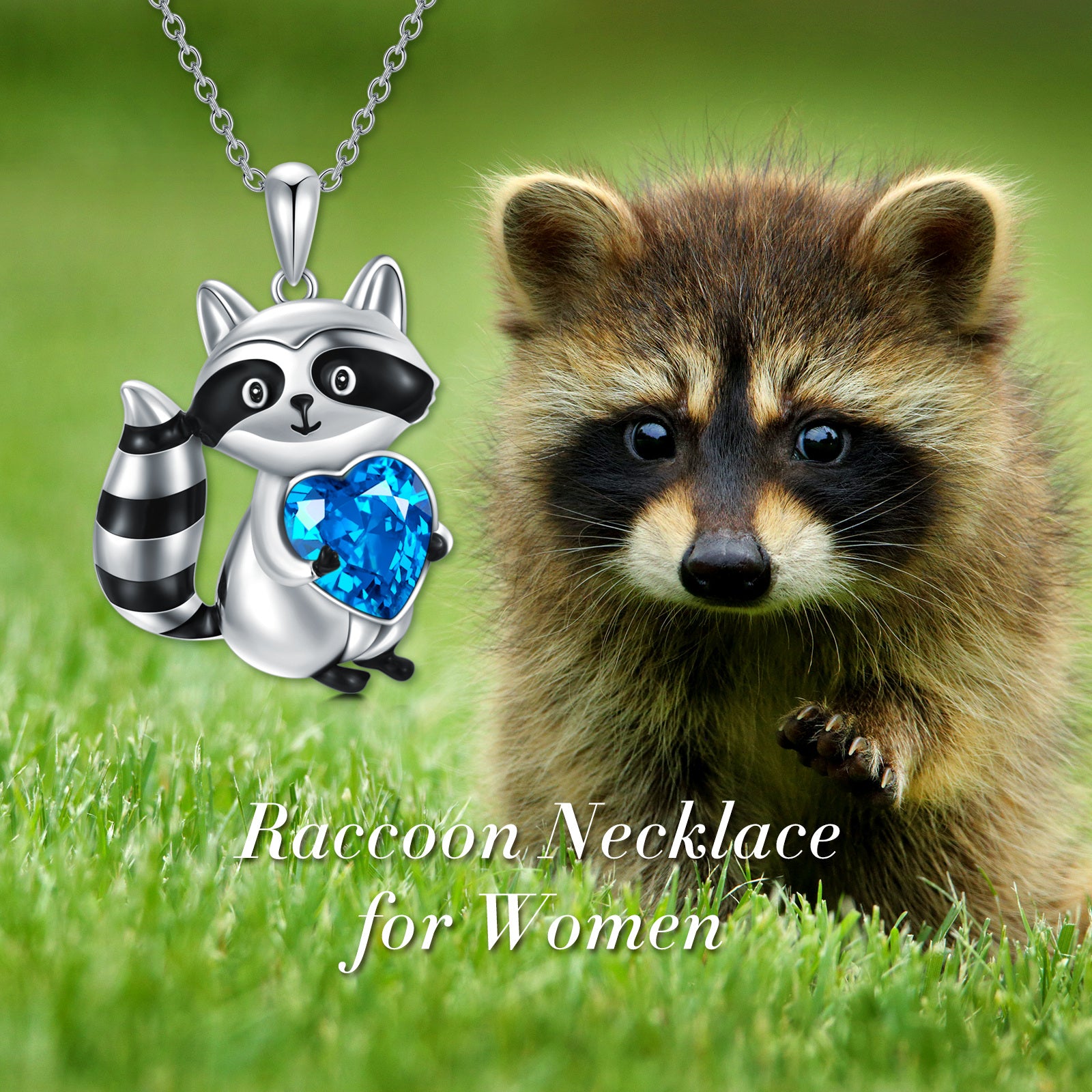 Sterling Silver Heart Crystal Raccoon Pendant Necklace For Women