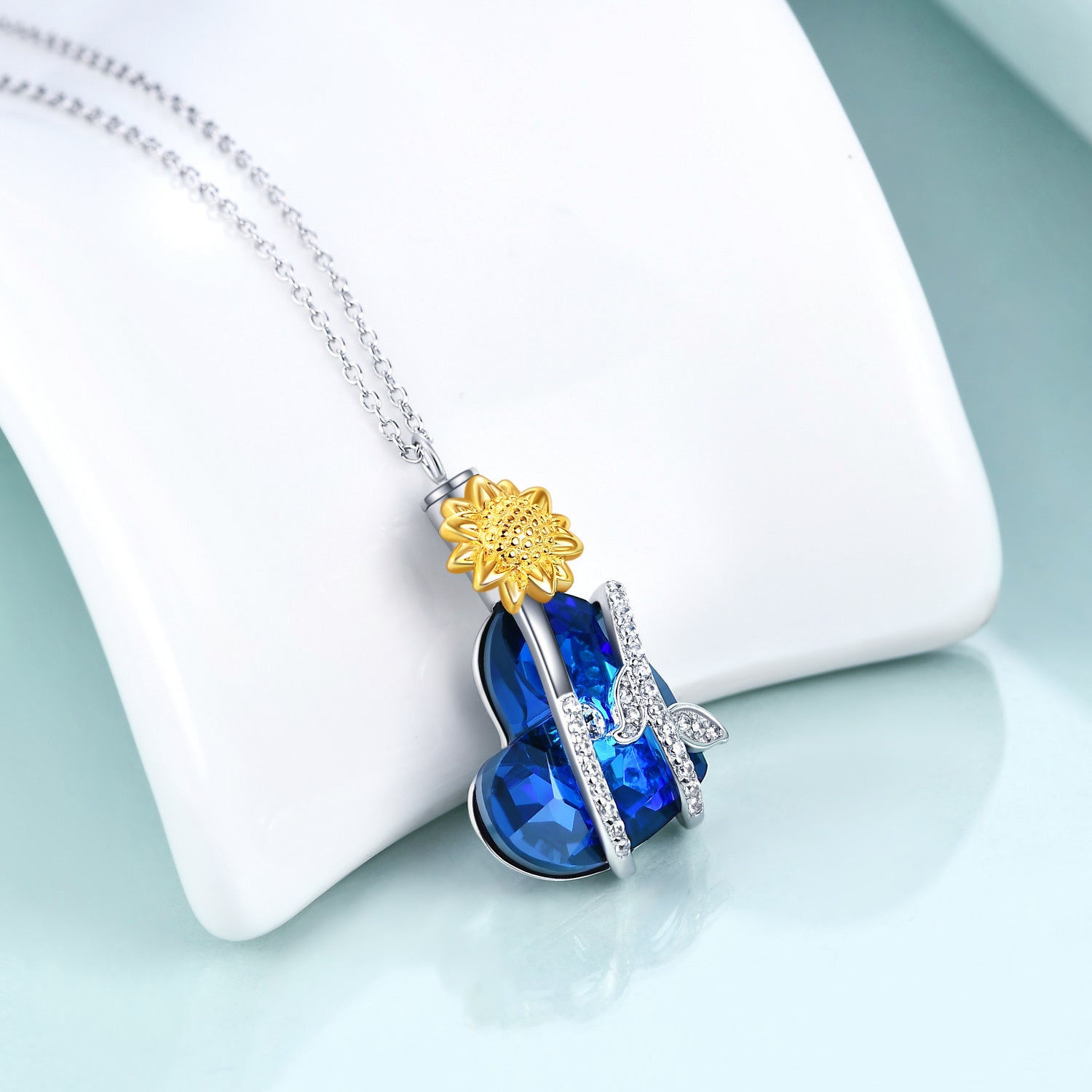 Sterling Silver Two-Tone Heart Crystal Sunflower Urn Necklace For Ashes For Women