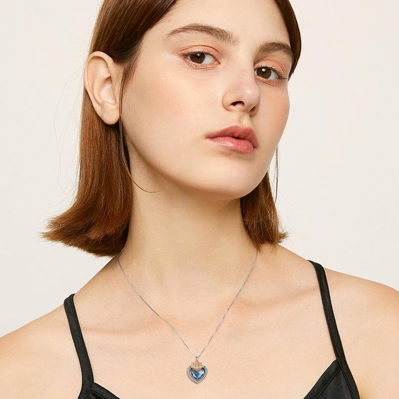 Sterling Silver Blue Crystal Heart Lotus Urn Necklace For Ashes Engraved Forever In My Heart